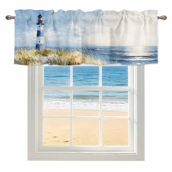 Coastal Lighthouse Kitchen Valances for Windows 54x18 Inch Kitchen Curtains Valances Rod Pocket Summer Ocean Oil Painting Sky Blue Bathroom Window Valances for Window Treatment Decor