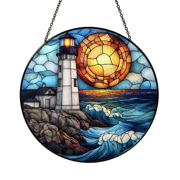 Coastal Lighthouse Moon Suncatcher, Glass Acrylic Window Hanging Decor, Nautical Home Accent