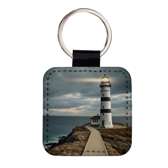 Coastal Lighthouse Ocean Faux Leather Square Keychain