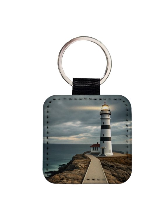Coastal Lighthouse Ocean Faux Leather Square Keychain