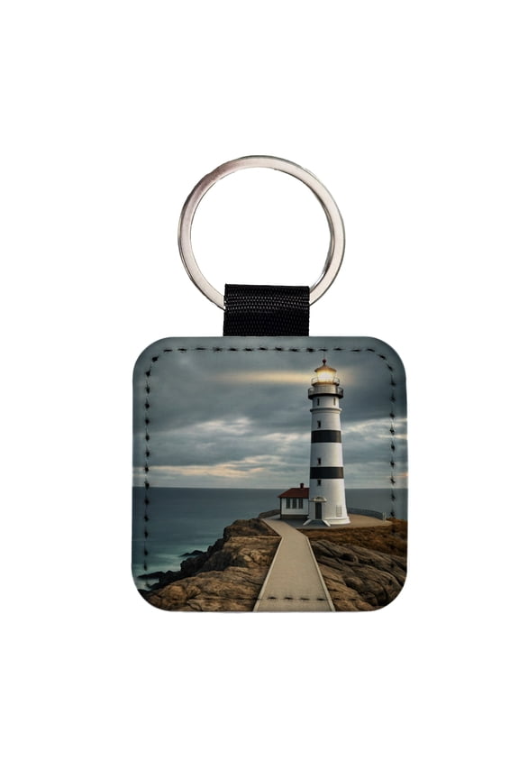Coastal Lighthouse Ocean Faux Leather Square Keychain