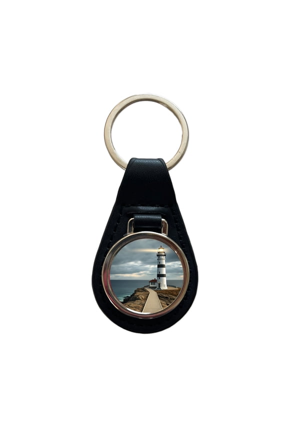 Coastal Lighthouse Ocean Metal Black Leather Keychain