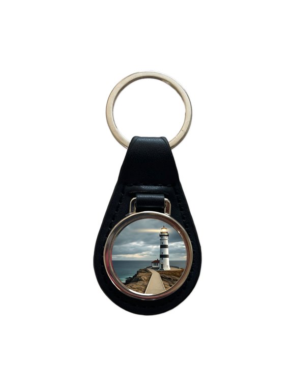 Coastal Lighthouse Ocean Metal Black Leather Keychain