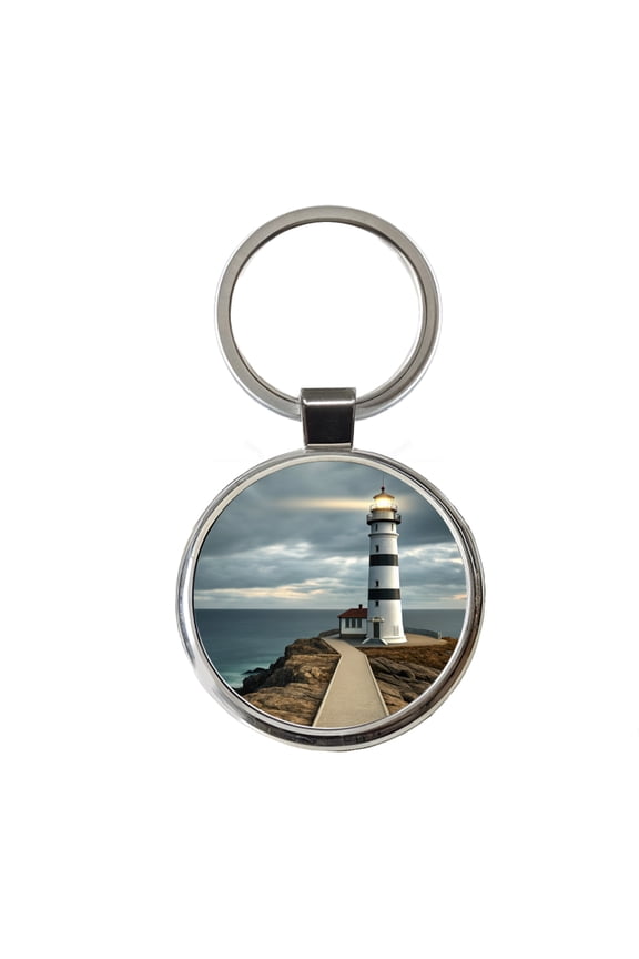 Coastal Lighthouse Ocean Metal Round Keychain