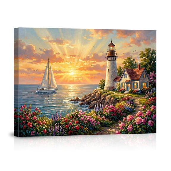 Coastal Lighthouse Ocean Sunset Sailboat Seaside Cottage Garden Wall Art Print, Curated Botanical Theme For Living Room And Office Decor