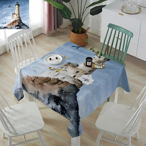 Coastal Lighthouse Rectangle/Square/Round Waterproof Tablecloths 52x52 inch Watercolor Ocean Nautical Navy Blue Polyester Table Cloth Table Cover Tabletop for Wedding Party Dinner
