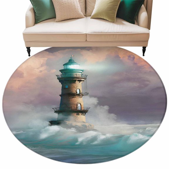 Coastal Lighthouse Round Rug 5ft Washable Circle Kitchen Rugs Non Slip Fancy Cloud Ocean Waves Summer Large Area Rug Indoor Floor Carpet for Bedroom Living Room Home Office Dining Room Nursery