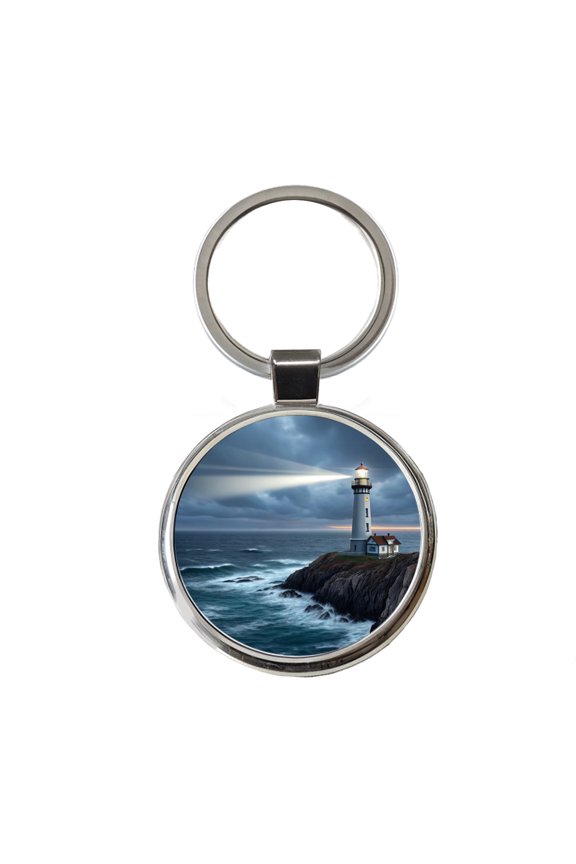 Coastal Lighthouse Rugged Metal Round Keychain