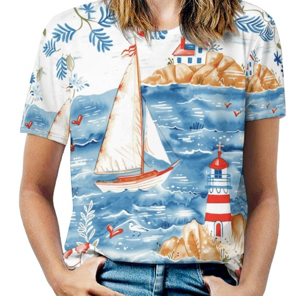 Coastal Lighthouse Sailboat T Shirts Basic T-Shirt Short Sleeve Ladies Tee Shirt Summer Graphic Clothing