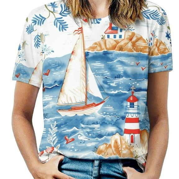 Coastal Lighthouse Sailboat T Shirts Basic T-Shirt Short Sleeve Ladies Tee Shirt Summer Graphic Clothing