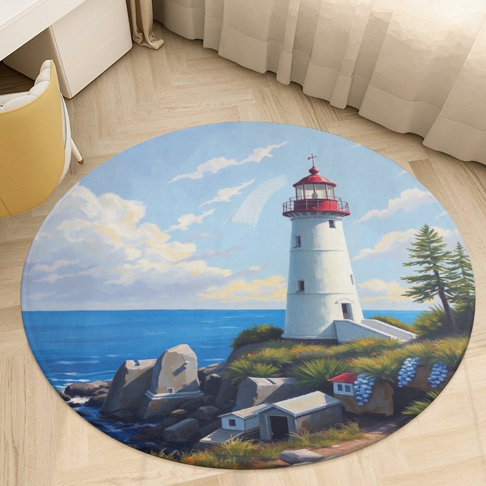 Coastal Lighthouse Scene Round Carpets Modern Living Room Ration Rugs ...