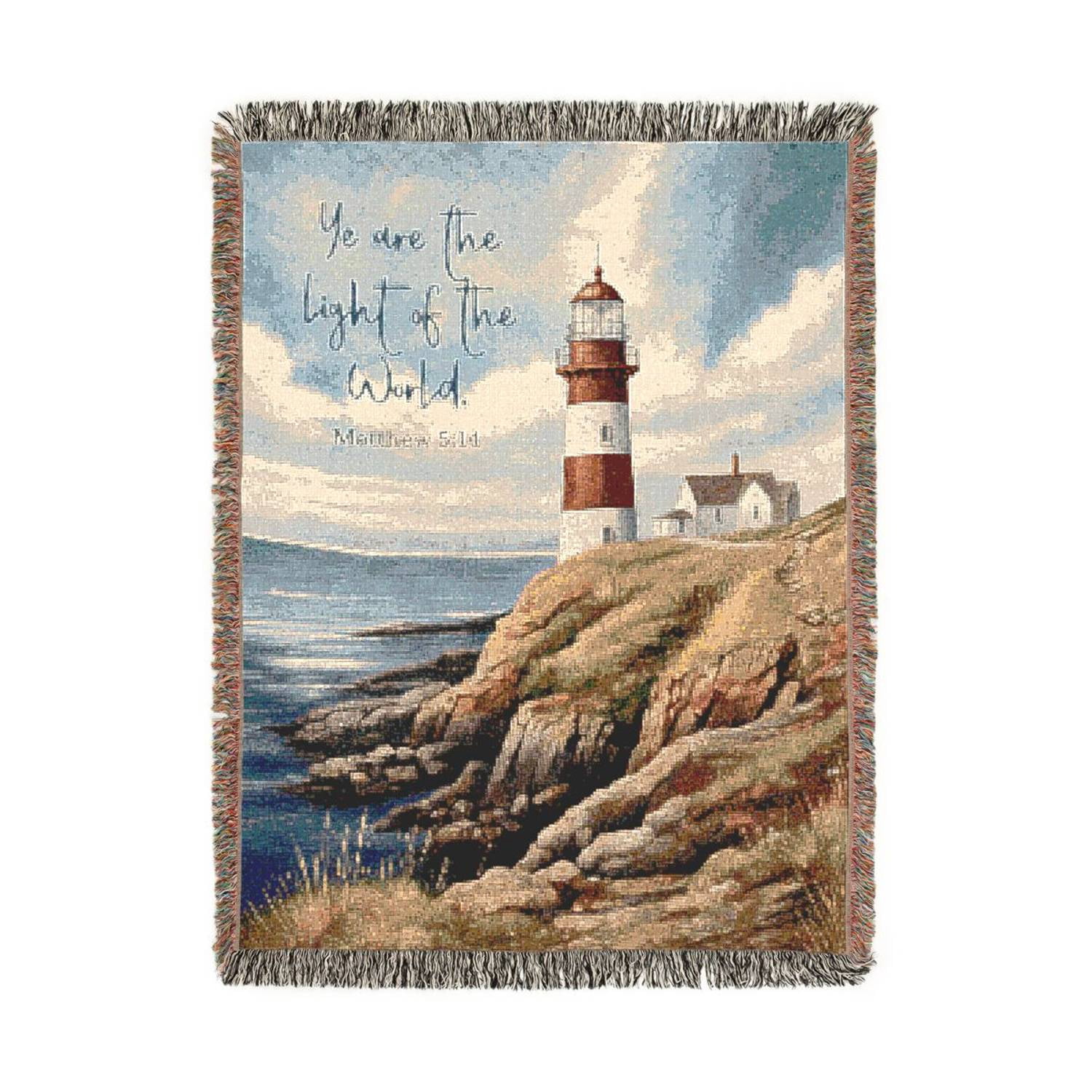 Coastal Lighthouse Scripture Blue and Beige Woven Throw Blanket, 100% ...