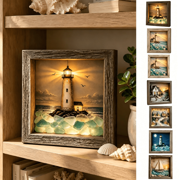 Coastal Lighthouse Sea Glass LED Shadow Box Light - Wooden Framed Nautical Tabletop Ambient Lamp, Night Light Decor for Bedroom, Shelf, Entryway