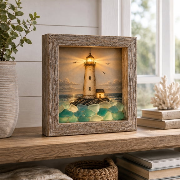 Coastal Lighthouse Sea Glass Lighted Decor Frame, Vintage Rustic Distressed Wood Shadow Box,Handmade Driftwood Seashell Nautical Table Wall Accent Ornament Gift For Coastal Aesthetic Craft Collectors