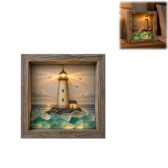 Coastal Lighthouse Sea Glass Shadow Box Night Light, 3D Layered Wooden LED Shadow Box, Ocean Nautical Wall Desk Art Decor, Perfect Birthday Holiday Housewarming Gift for Sea & Coastal Enthusiasts