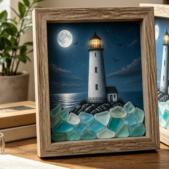 Coastal Lighthouse Sea Glass Shadow Box Night Light 3d Layered Lighthouse & Sea Glass Scene Built-in Warm White Low-voltage Led Beads Wooden / Plastic Durable Outer Frame