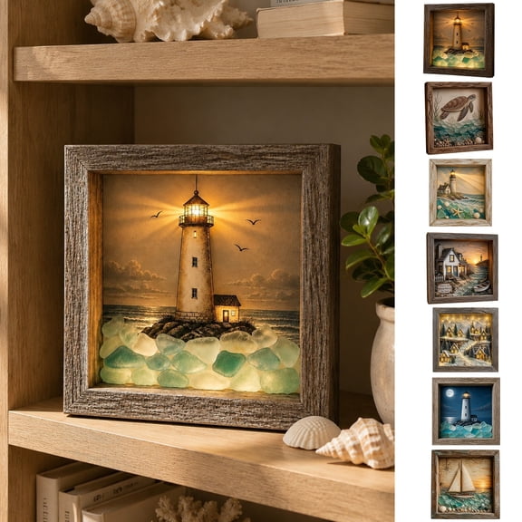 Coastal Lighthouse Sea Glass Shadow Box Night Light, Beach Cottage Seaside View USB LED Ambience Lamp