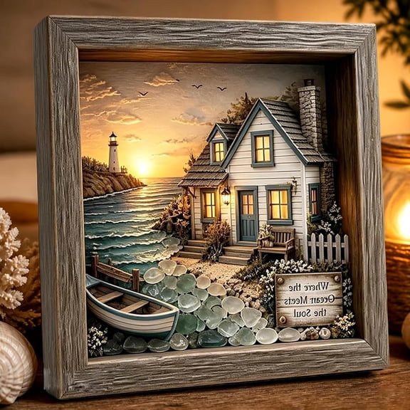 Coastal Lighthouse Sea Glass Shadow Box Night Light, Beach Sea Glass Frame Box Wall Decor, for Bedroom Reading Nook Console Entryway Home Accent (D)