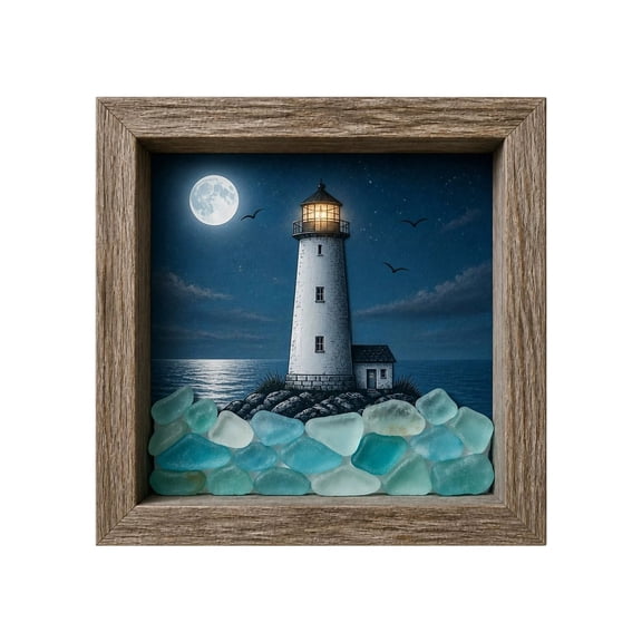 Coastal Lighthouse Sea Glass Shadow Box Night Light,Beach Shadow Sea Glass Frame Box Wall Decor with LED,Turtle/Sailboat/Winter Village Multi-Style Sea Glass for Bedrooms,Living Rooms,Reading Corners