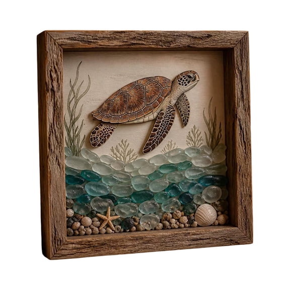 Coastal Lighthouse Sea Glass Shadow Box Night Light,Beach Shadow Sea Glass Frame Box Wall Decor with LED,Turtle/Sailboat/Winter Village Multi-Style Sea Glass for Bedrooms,Living Rooms,Reading Corners