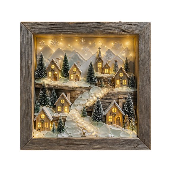 Coastal Lighthouse Sea Glass Shadow Box Night Light,Beach Shadow Sea Glass Frame Box Wall Decor with LED,Turtle/Sailboat/Winter Village Multi-Style Sea Glass for Bedrooms,Living Rooms,Reading Corners