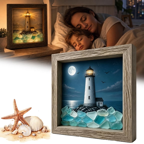 Coastal Lighthouse Sea Glass Shadow Box Night Light - Coastal Lighthouse Sea Glass Shadow Box Night Light (A)