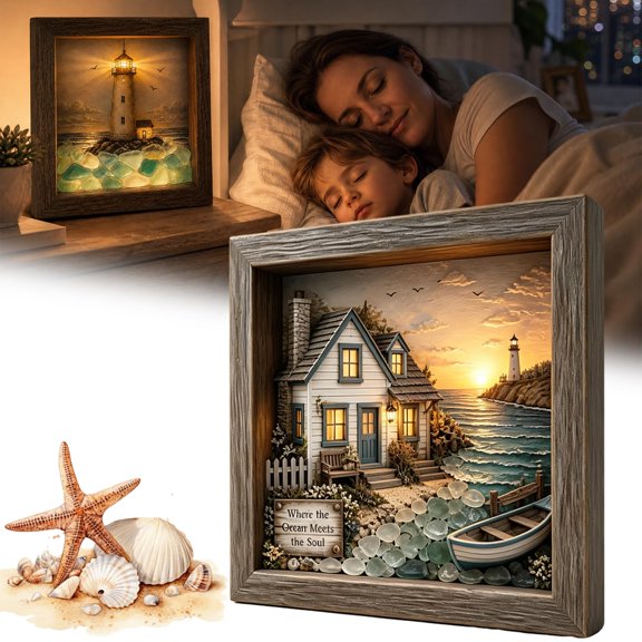 Coastal Lighthouse Sea Glass Shadow Box Night Light - Coastal Lighthouse Sea Glass Shadow Box Night Light (Style C)