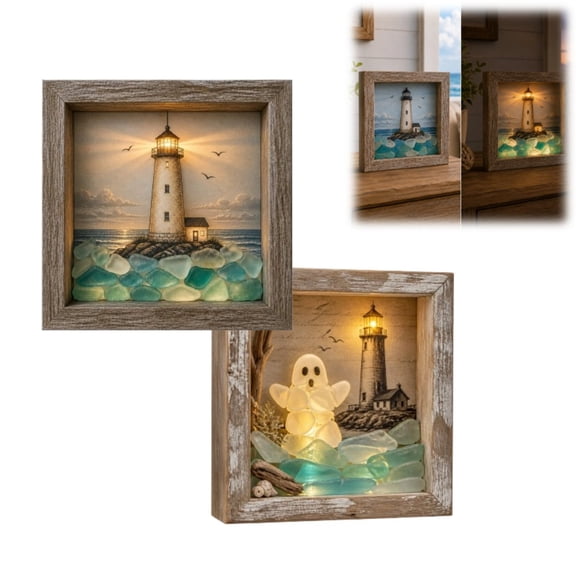Coastal Lighthouse Sea Glass Shadow Box Night Light, Compact 3D Wooden LED Ambient Lamp, Halloween Decor Nautical Ghost Shadow Box Ornament for Fall Home
