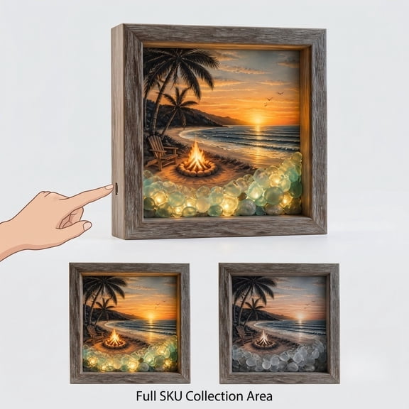 Coastal Lighthouse Sea Glass Shadow Box Night Light, DIY Light Up Picture Frame Beach Campfire Frame Box Wall Decor, Warm Glow Nautical Framed Tabletop Wall Decor for Bedroom Reading Nooks