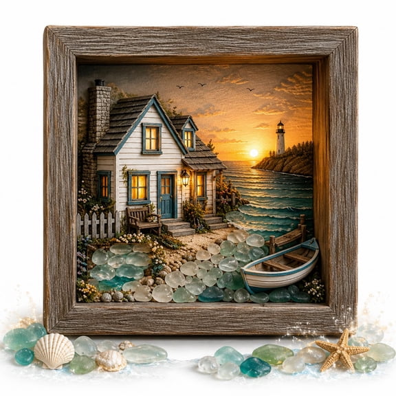Coastal Lighthouse Sea Glass Shadow Box Night Light, DIY Light Up Picture Frame Beach Frame Box Wall Decor, Warm Glow Nautical Framed Tabletop Wall Decor for Bedroom Reading Nooks