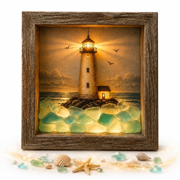 Coastal Lighthouse Sea Glass Shadow Box Night Light, DIY Light Up Picture Frame Beach Frame Box Wall Decor, Warm Glow Nautical Framed Tabletop Wall Decor for Bedroom Reading Nooks