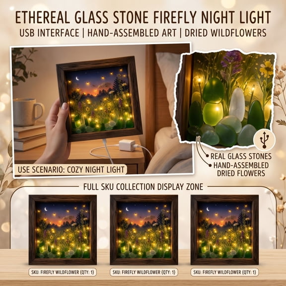Coastal Lighthouse Sea Glass Shadow Box Night Light | Forest Firefly Ambient Lamp, Handmade Seascape Art Frame Decorative Warm Glow Bedroom Living Room Shelf Entryway Gift