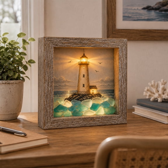 Coastal Lighthouse Sea Glass Shadow Box Night Light, Halloween Spooky Ghost Nautical LED Lamp for Bedroom Shelf Entryway Decor Gift