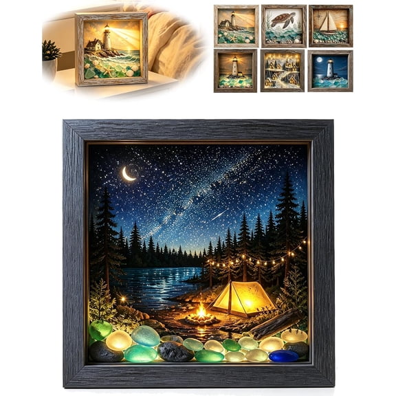 Coastal Lighthouse Sea Glass Shadow Box Night Light, Handmade Beach Ocean Seascape Art Frame Lamp, Warm Glow Ambient Decor Light for Bedroom Living Room Shelf Entryway, Ideal Gift