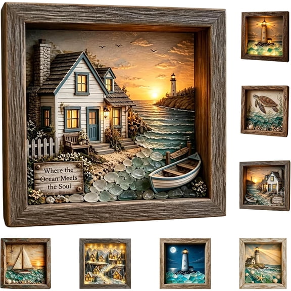 Coastal Lighthouse Sea Glass Shadow Box Night Light, Handmade Coastal Lighthouse Shadow Box with Warm LED Glow for Bedroom, Shelf, Entryway (F, USB-Powered Version)