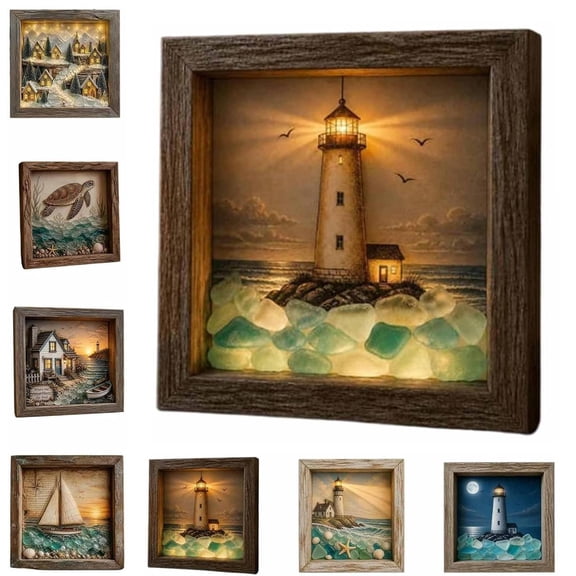 Coastal Lighthouse Sea Glass Shadow Box Night Light, Handmade Sea Glass Shadow Box with LED Warm Glow, Nautical Beach Ocean Wall Decor for Bedroom, Shelf, Entryway Gift(01B)