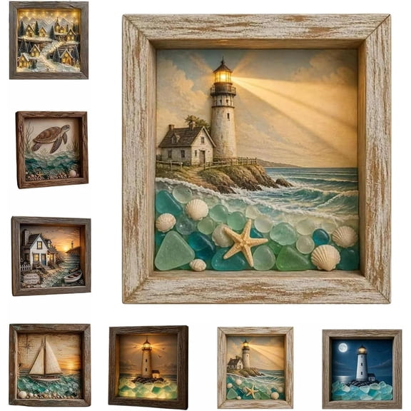 Coastal Lighthouse Sea Glass Shadow Box Night Light, Handmade Sea Glass Shadow Box with LED Warm Glow, Nautical Beach Ocean Wall Decor for Bedroom, Shelf, Entryway Gift (Style B)