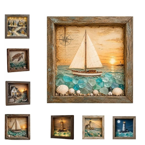 Coastal Lighthouse Sea Glass Shadow Box Night Light, Handmade Sea Glass Shadow Box with LED Warm Glow, Nautical Beach Ocean Wall Decor for Bedroom, Shelf, Entryway Gift