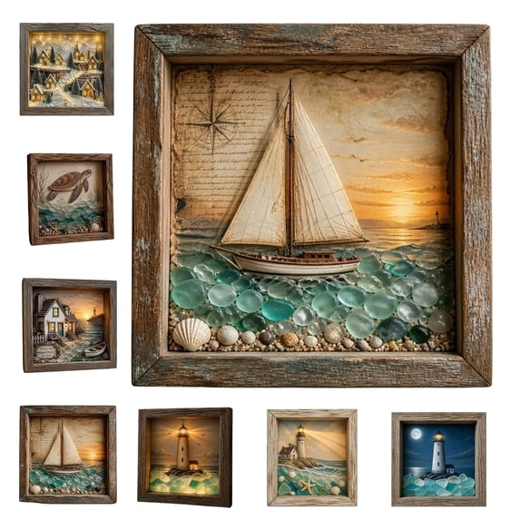 Coastal Lighthouse Sea Glass Shadow Box Night Light, Handmade Sea Glass Wall Art Decoration with LED Warm Glow, Beach Ocean Wall Hanging Decor for Bedroom, Shelf, Entryway Gift