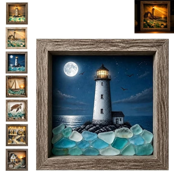 Coastal Lighthouse Sea Glass Shadow Box Night Light, Handmade Seascape Art Frame Decorative with LED, Beach Ocean Decor Ambient Lamp, for Bedrooms, Living Rooms, Reading Nooks