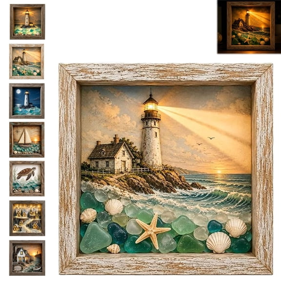 Coastal Lighthouse Sea Glass Shadow Box Night Light, Handmade Seascape Art Frame Decorative with LED, Beach Ocean Decor Ambient Lamp, for Bedrooms, Living Rooms, Reading Nooks