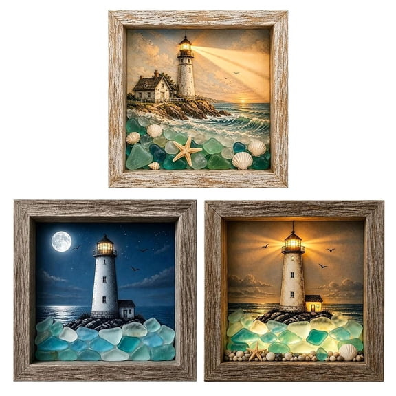 Coastal Lighthouse Sea Glass Shadow Box Night Light, Handmade Seascape Art Frame Decorative with LED, Beach Ocean Decor Ambient Lamp, for Bedrooms, Living Rooms, Reading Nooks