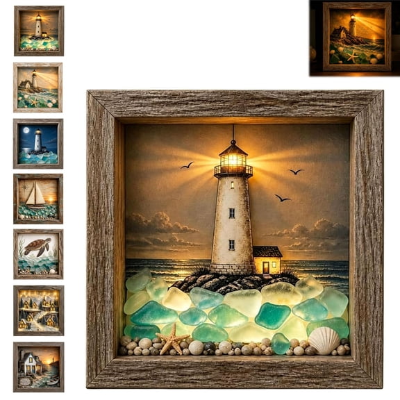 Coastal Lighthouse Sea Glass Shadow Box Night Light, Handmade Seascape Art Frame Decorative with LED, Beach Ocean Decor Ambient Lamp, for Bedrooms, Living Rooms, Reading Nooks