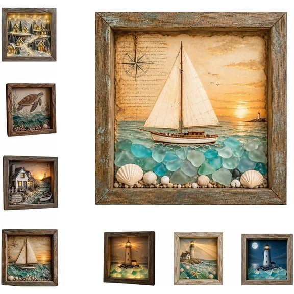 Coastal Lighthouse Sea Glass Shadow Box Night Light, Handmade Warm LED Nautical Beach Ocean Wall Decor, Decorative Table Lamp for Bedroom Shelf Entryway Gift