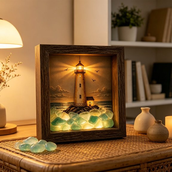 Coastal Lighthouse Sea Glass Shadow Box Night Light Led Sea Glass Shadow Box Wall Decor Clear Transparent Front Panel Shadow Box with Light Built-in Warm White Low-voltage Led Bead