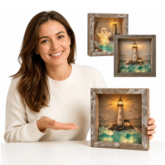 Coastal Lighthouse Sea Glass Shadow Box Night Light Nautical Beach Ocean Decor Ambient Lamp Handmade Seascape Art Frame Decorative Warm Glow Bedroom Living Room Shelf Entryway Gift B