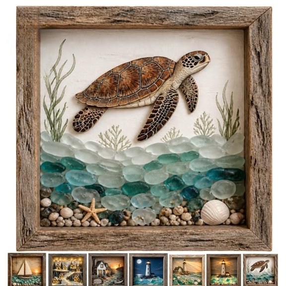Coastal Lighthouse Sea Glass Shadow Box Night Light Nautical Beach Ocean Decor Ambient Lamp Handmade Seascape Art Frame Decorative Warm Glow Bedroom Living Room Shelf Entryway Gift