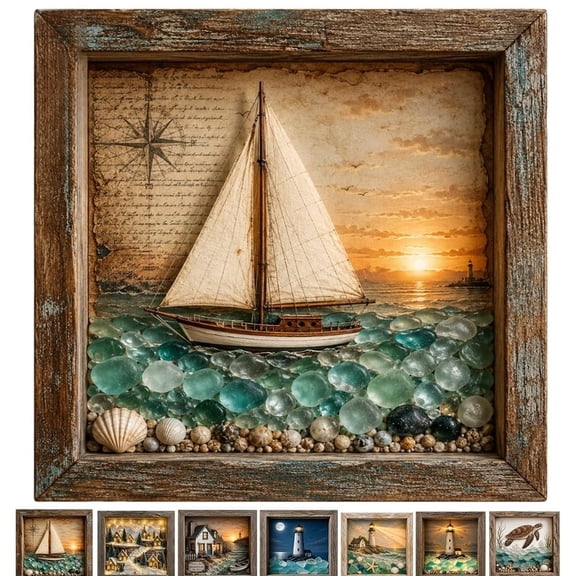 Coastal Lighthouse Sea Glass Shadow Box Night Light Nautical Beach Ocean Decor Ambient Lamp Handmade Seascape Art Frame Decorative Warm Glow Bedroom Living Room Shelf Entryway Gift