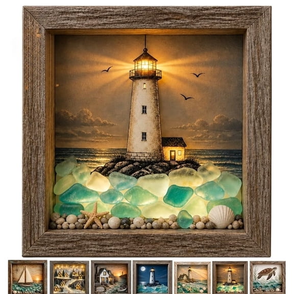 Coastal Lighthouse Sea Glass Shadow Box Night Light Nautical Beach Ocean Decor Ambient Lamp Handmade Seascape Art Frame Decorative Warm Glow Bedroom Living Room Shelf Entryway Gift