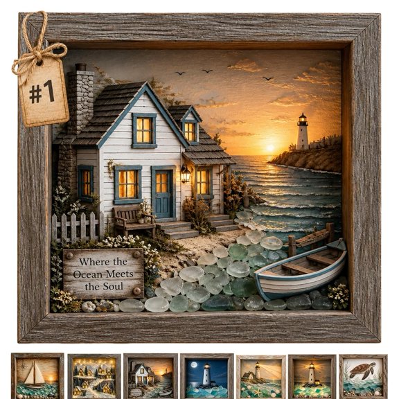 Coastal Lighthouse Sea Glass Shadow Box Night Light Nautical Beach Ocean Decor Ambient Lamp Handmade Seascape Art Frame Decorative Warm Glow Bedroom Living Room Shelf Entryway Gift